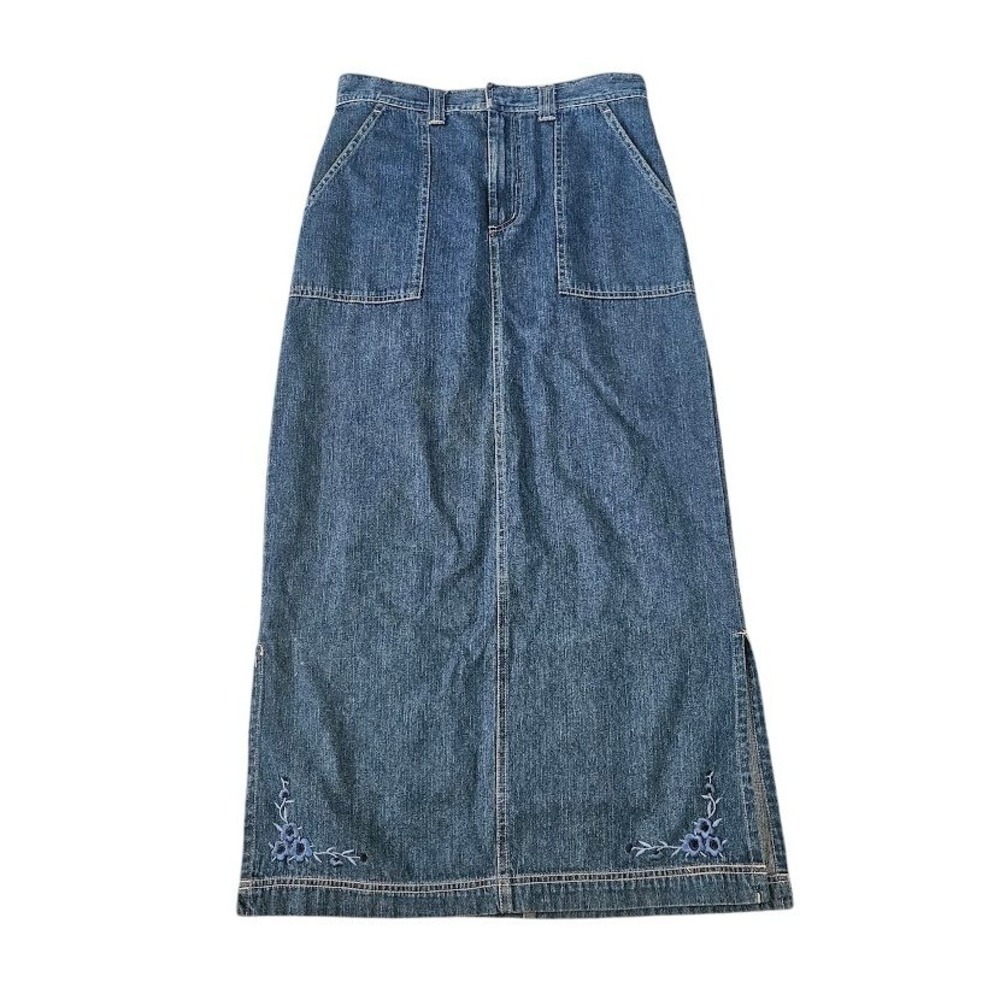 White Stag Womens Size 4 Floral Embroidered Denim Maxi Skirt Blue Vintage Slit